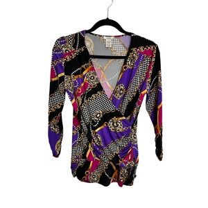 Cache Baroque Chain Print Faux Wrap Top Size S Purple Black Ruched 3/4 Sleeve